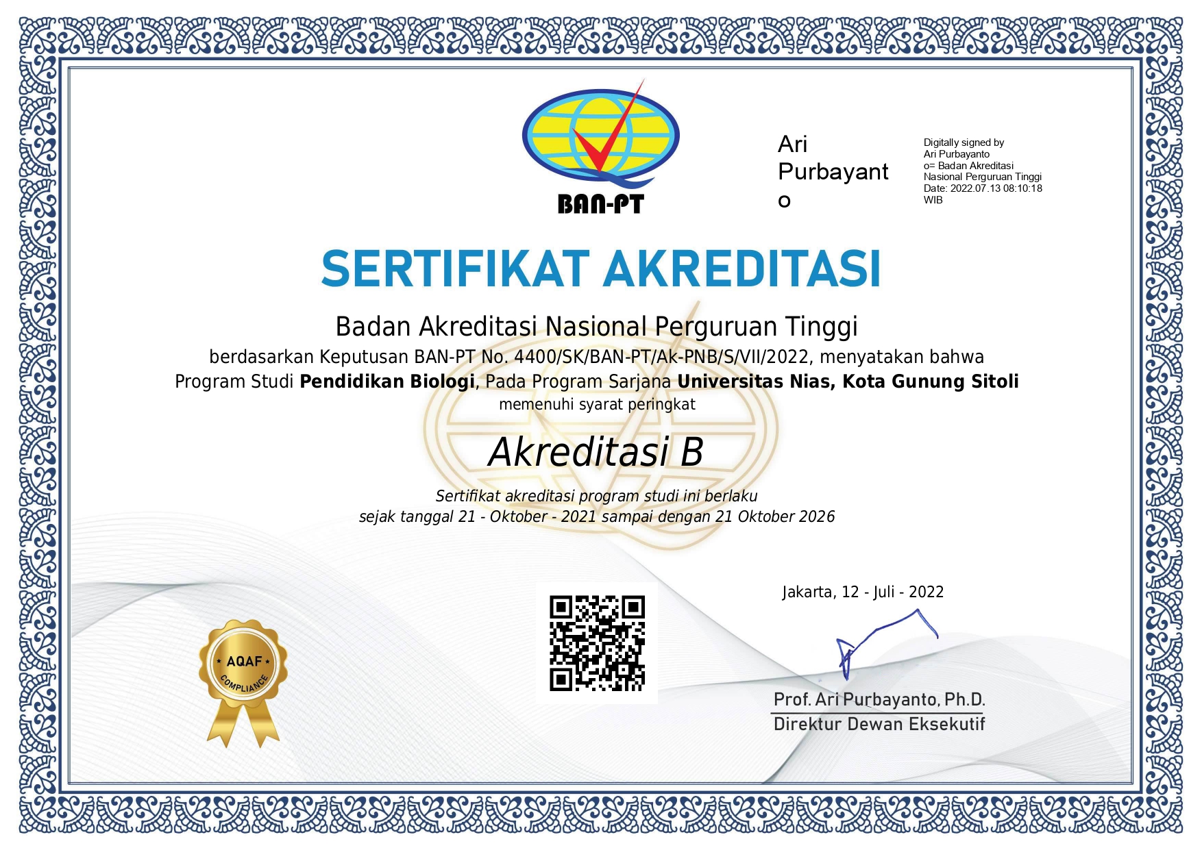 Sertifikat Akreditasi Program Studi Pendidikan Biologi